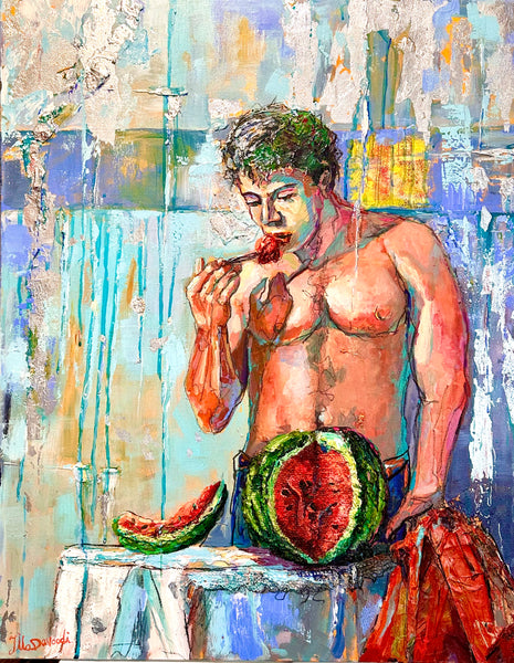 young shirtless sexy man eating a watermelon with abstracted background