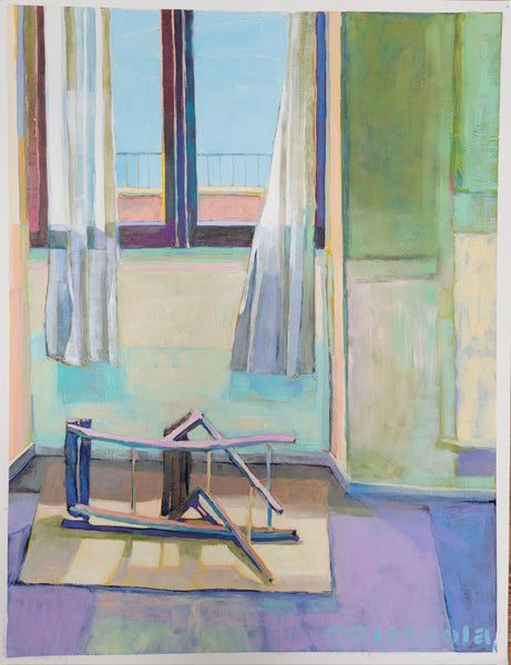 folding chair on its side, facing an open window with white curtains. soft green, blue, purple and yellow walls and floor