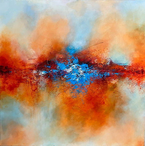Fiery and bold this rust, gray and blue hues jump off the canvas