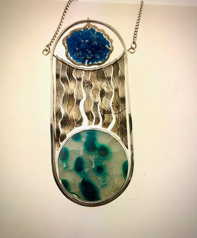 pendant with rare chrysacola stone, double sided cavanite on a  sterling silver chain