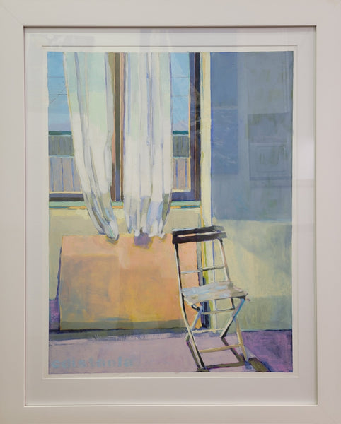 a solitary chair in front of an open window, drapes blowing in the wind. stay or go