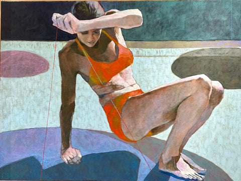 oil. woman in red two piece bathing suit holding a red string taut; she is leaning on right arm as her left arm moves across her forehead