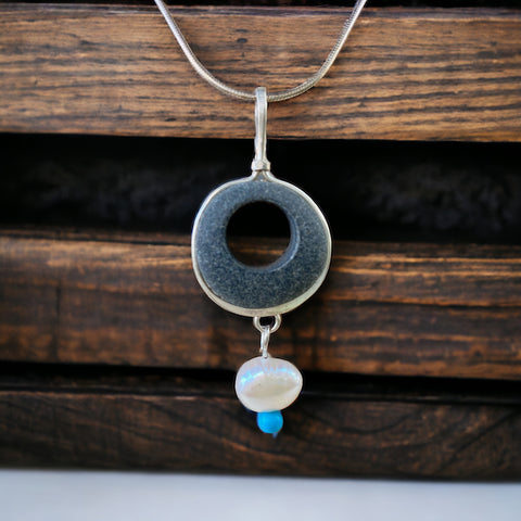 basalt stone pendant with freshwater pearl and turquoise on sterling silver chain