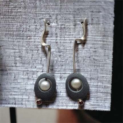 curvy basalt stone earrings with pearl and garnet, sterling silver