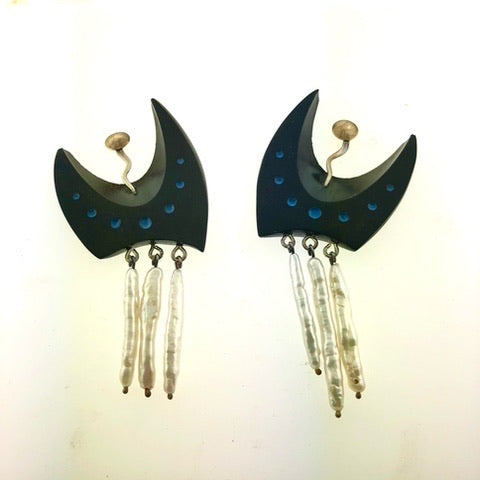 Grenadilla, Sterling & Pearl earrings