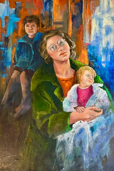 picture of mother holding a toddler  with a young boy behind her, all of whom look forlorn and as though they are going on a journey, where they do not know what to expect