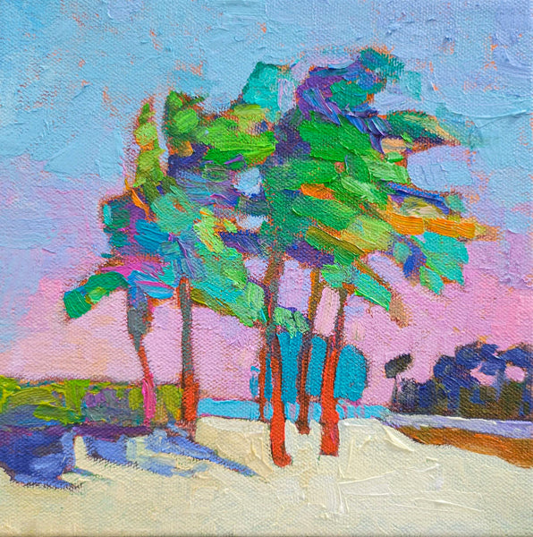 palm trees in the wind along a sandy shoreline oil painting