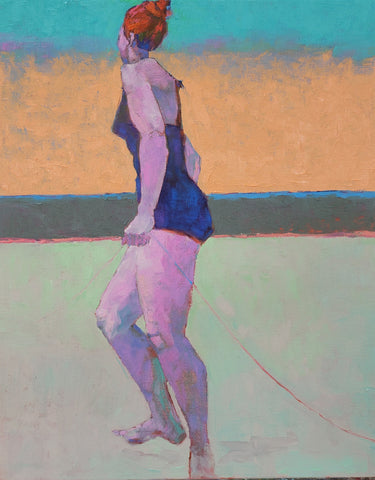 woman in navy swim suite walks across a lime green beach gently holding a red string. The sky is orange and turquoise, the sand lime green and pink.
