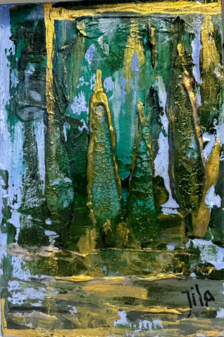painting of green trees with gold leaf edges with sky blue peeking from behind the trees