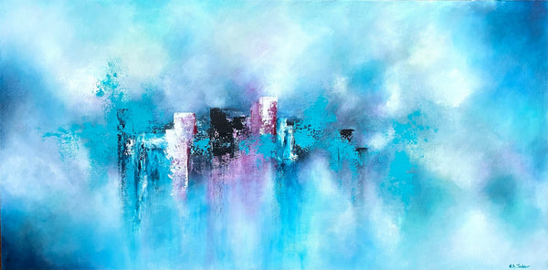 abstract hints of purple and plum with turquoise, blues and whites.