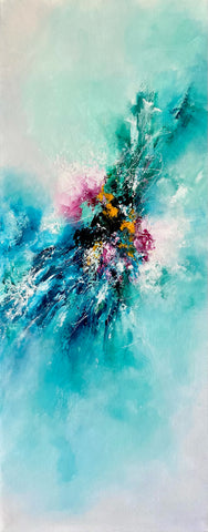 watery blue greens in this abstract painting with hints of plum