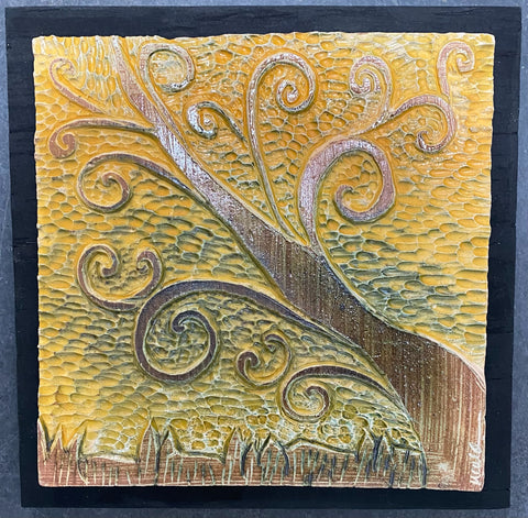 curvy tree ceramic tile with carved background 9x9 framed
