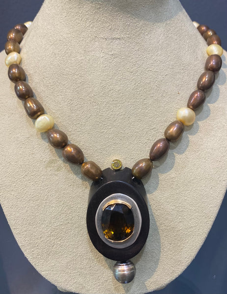 pearl, tourmaline necklace with grenadilla wood