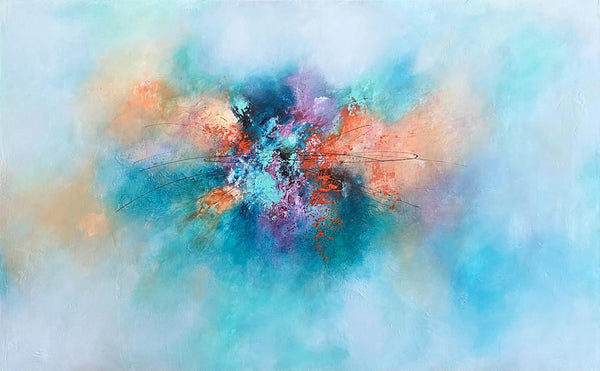 blue turquoise and orange with a hint of purple in this abstract painting