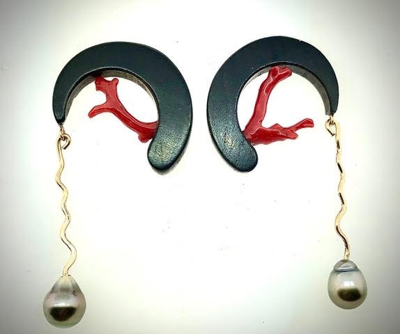 Grenadilla Coral Earrings with Tahitian Pearls