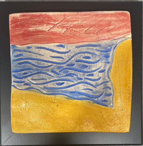 ceramic tile with red sky, blue water and sand 8x8 framed
