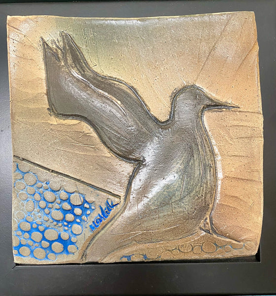 mourning dove on wire ceramic tile framed 8x8; blue and grey