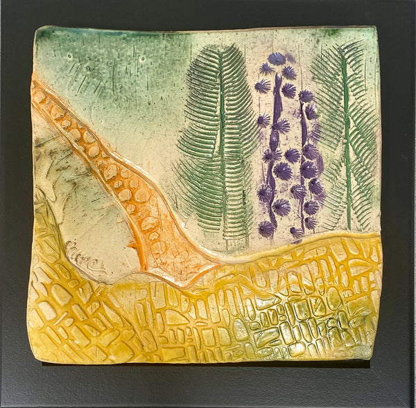 ceramic tile, orange path, yellow stones, green tree, purple bush framed 8x8