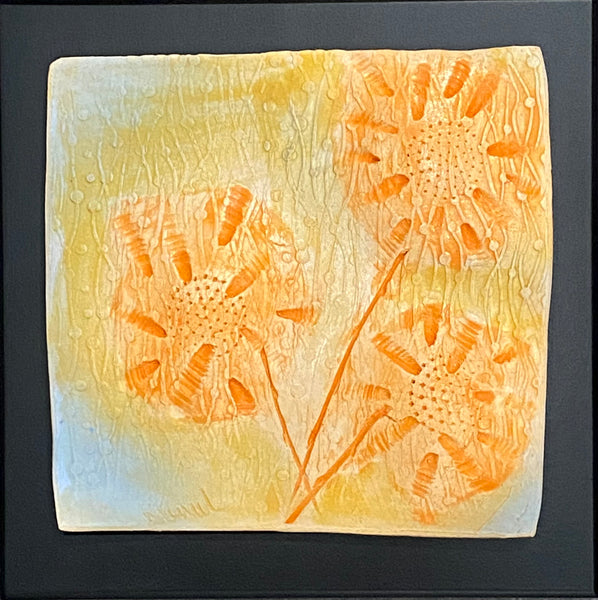 ceramic tile orange textured spin wheel flowers framed 8c8
